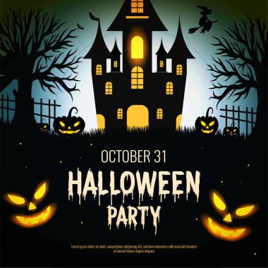 Cadılar Bayramı parti davetiyeleri veya mavi Ay arka plan üzerinde kabak ve koyu kale ile tebrik kartları. Cadılar Bayramı harfleri ve geleneksel semboller. Vektör çizimi