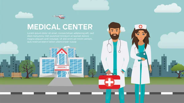 Medizinisches Konzept Mit Ärzten Flachen Stil Notfall Und Rettungsdienste Stadt — Stockvektor