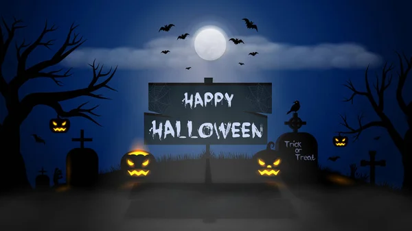 Feliz Halloween Espeluznante Fondo Paisaje Brumoso Con Placa Identificación Murciélagos — Archivo Imágenes Vectoriales