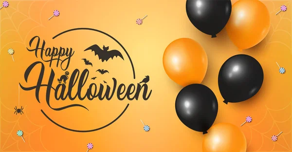 Ευτυχισμένο Halloween Banner Γράμματα Halloween Πορτοκαλί Φόντο Καραμέλες Και Μπαλόνια — Διανυσματικό Αρχείο