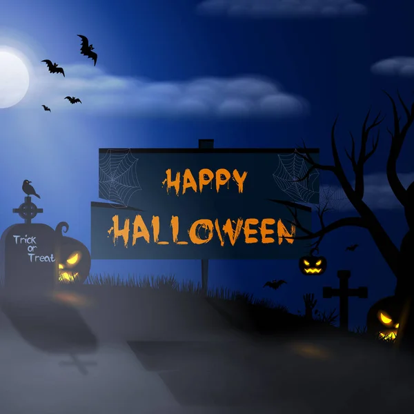 Feliz Halloween Espeluznante Fondo Paisaje Brumoso Con Placa Identificación Murciélagos — Archivo Imágenes Vectoriales