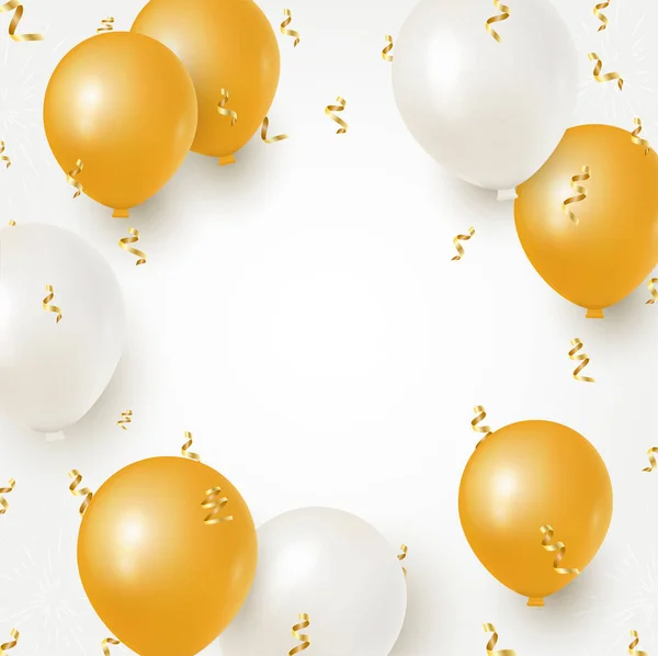 Buon Compleanno Design Festivo Con Palloncini Realistici Oro Bianco Coriandoli — Vettoriale Stock