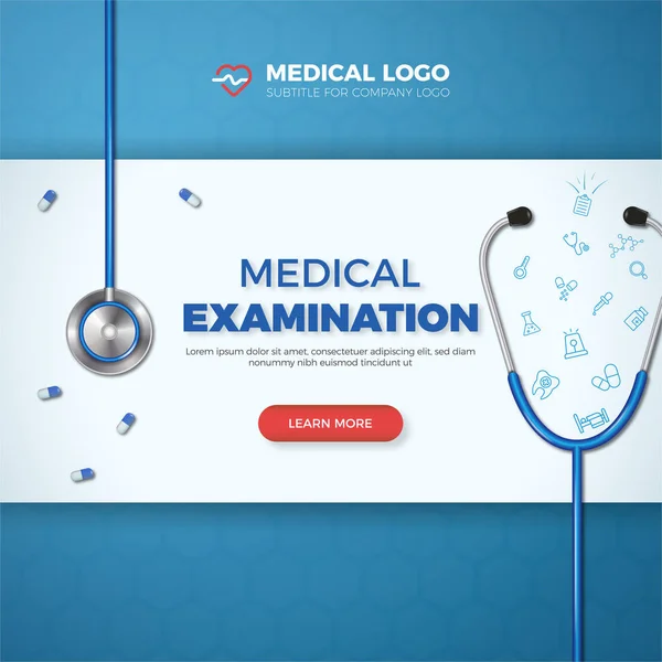 Banner Cuidados Saúde Com Logotipo Médico Ícones Planos Fundo Azul — Vetor de Stock