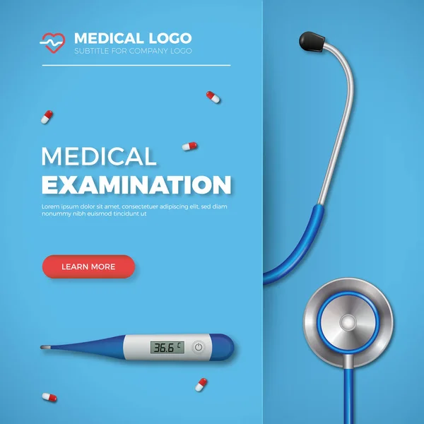 Tarjeta Examen Médico Banner Atención Médica Con Herramientas Médicas Logotipo — Archivo Imágenes Vectoriales