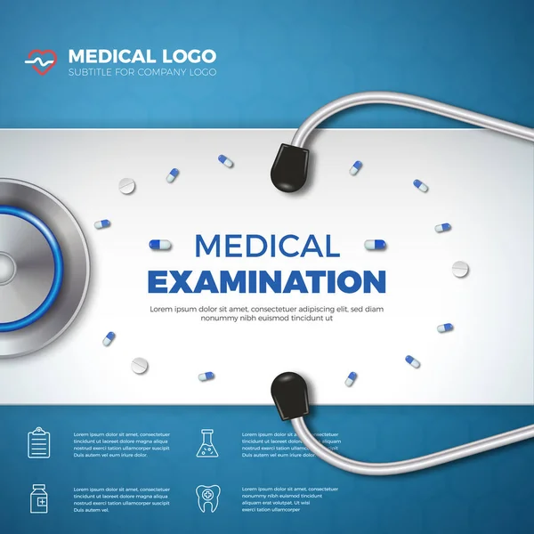 Tarjeta Examen Médico Banner Sanitario Iconos Planos Medicina Sobre Fondo — Archivo Imágenes Vectoriales