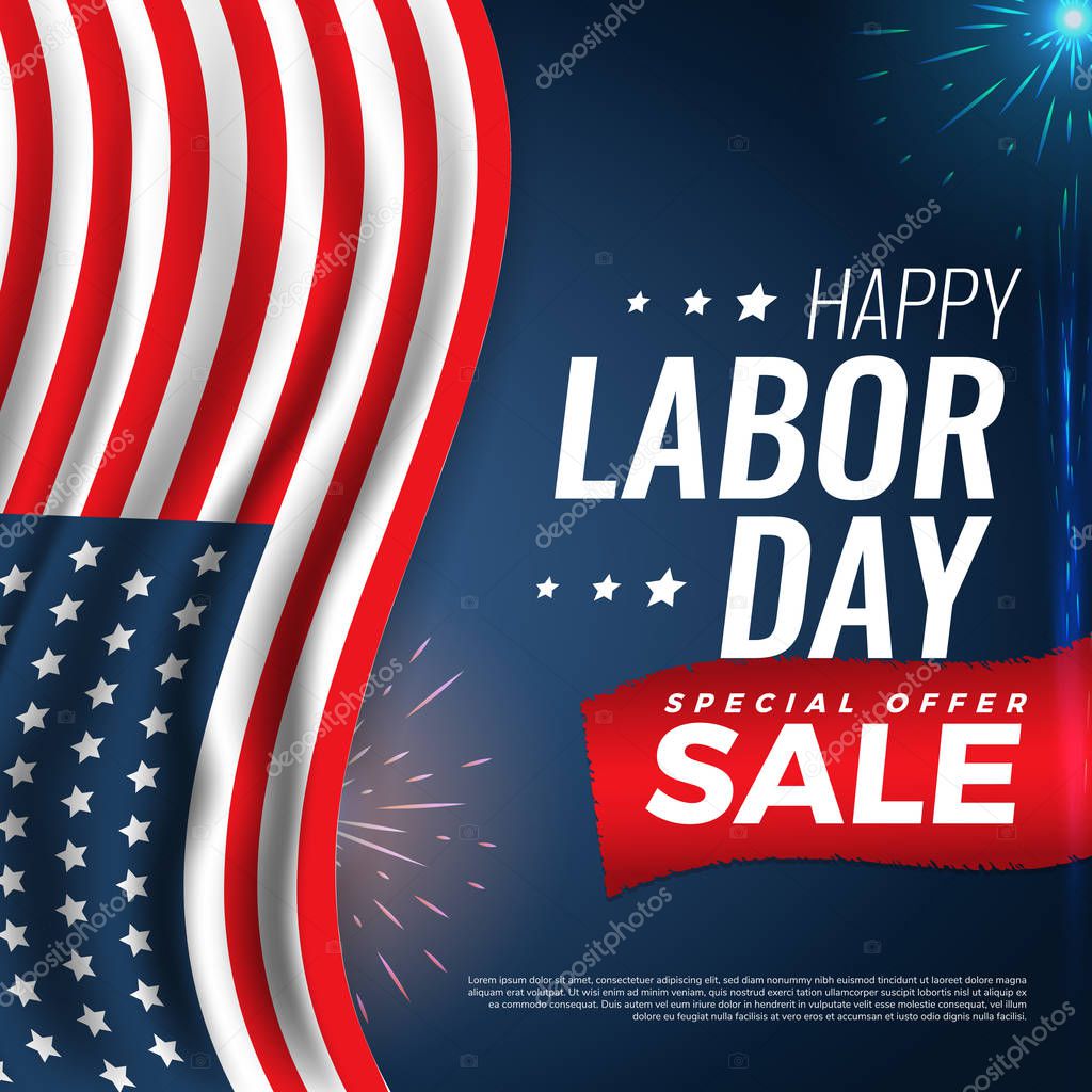 Happy Labor Day sale card with flag and fireworks. Vector illustration