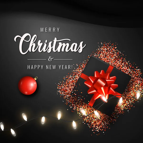 Mutlu Noeller ve mutlu yeni yıl afişleri. Parlak ışık çelengi, gerçekçi hediye kutusu, kırmızı top ve parıltılı kırmızı konfeti. Yatay Noel posteri, tebrik kartları, başlık