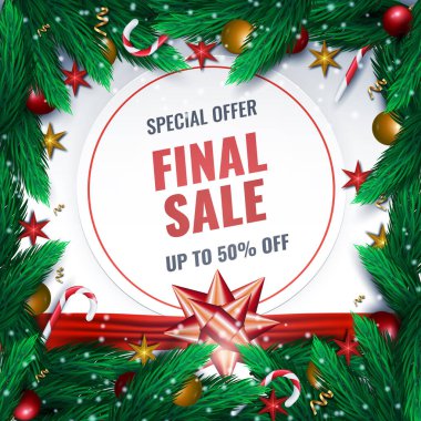 Noel final kartı. Köknar dalları, kırmızı toplar ve yay şablonları olan bir arka plan. % 50 'ye kadar indirimli bir teklif. Vektör illüstrasyonu.
