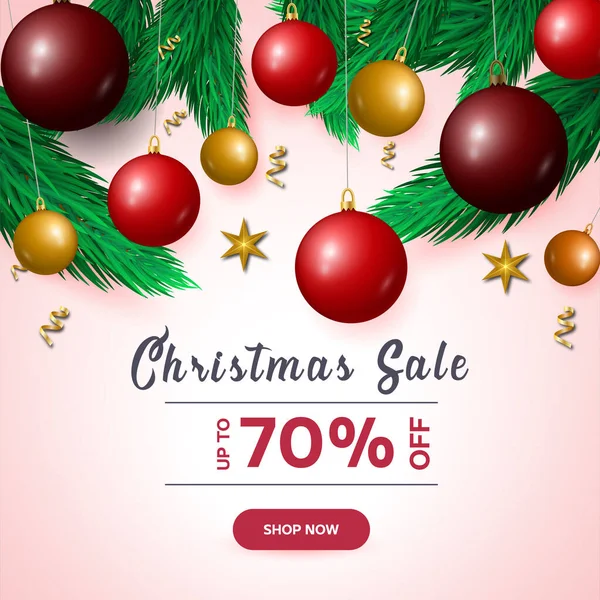 Christmas Sale Banner Percent Sale Tree Branches Red Gold Balls — Stock Vector