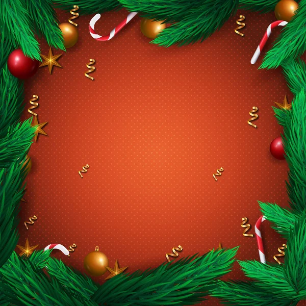 Banner Navidad Sobre Fondo Rojo Con Ramas Abeto Caramelos Estrellas — Vector de stock