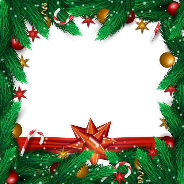 Χριστούγεννα Κενό Λευκό Φόντο Κλαδιά Ελάτης Κόκκινες Μπάλες Και Τόξο — Διανυσματικό Αρχείο