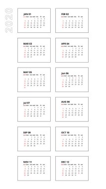 Dikey 2020 takvim şablonu. Hafta pazar günü başlıyor. Takvim, organizasyon ve iş için beyaz arka planda izole edildi. Basit ve temiz bir tasarım. Vektör illüstrasyonu