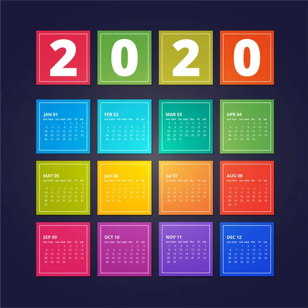 Kleurrijk Jaar 2020 Kalender Zwarte Achtergrond Voor Organisatie Bedrijfsleven Eenvoudig — Stockvector