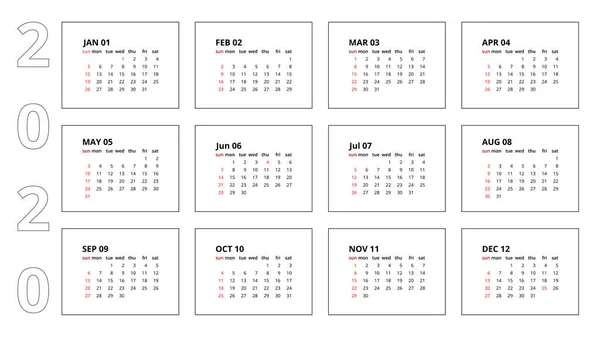 Шаблон Календаря Горизонтального 2020 Неделя Начинается Воскресенье Календарь Выделен Белом — стоковый вектор