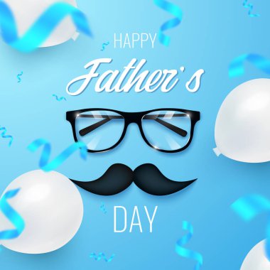 Mutlu Babalar Günü tebrik kartı tasarımı bıyıklı, beyaz balonlu ve mavi arka planda gözlüklü folyo konfetiyle. Vektör illüstrasyonu