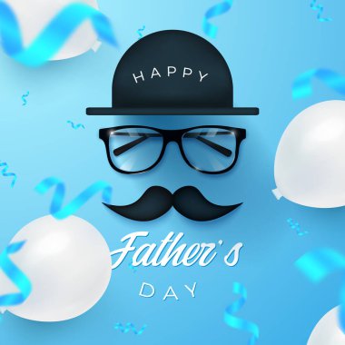 Şapkalı, bıyıklı, beyaz balonlu ve arka planda düşen folyo konfetiyle gözlüklü Babalar Günü tebrik kartı tasarımınız kutlu olsun. Vektör illüstrasyonu