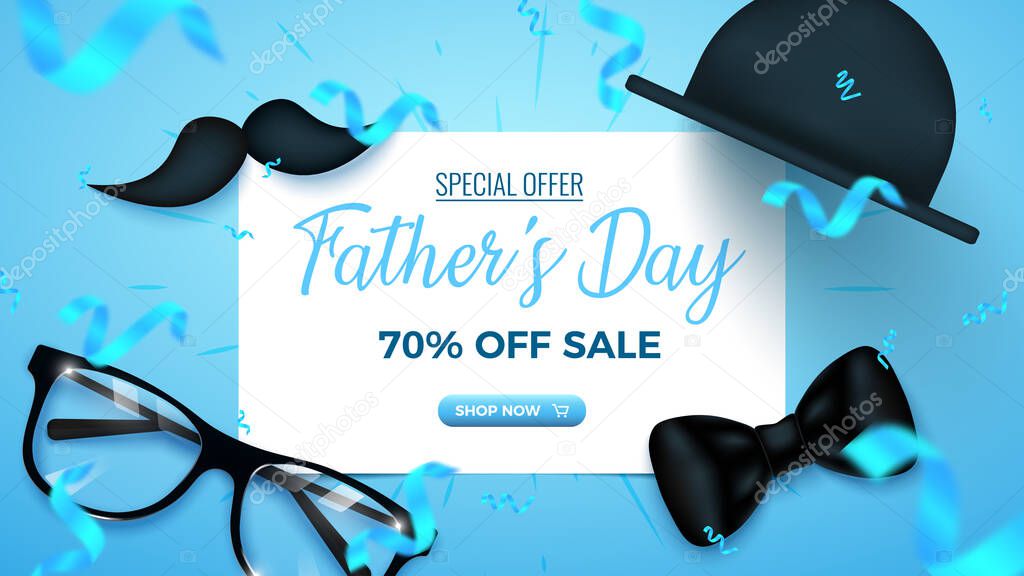 Father's Day Special Offer. 70% Off Sale banner design with white frame, glasses, hat, mustache, falling foil confetti and white air balloons on blue background. Father's Day Template. Vector illustration