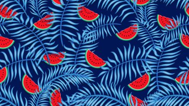Karpuzlar ve tropikal palmiye yaprakları pürüzsüz. Yaz illüstrasyonu. Mavi arka planda karpuz ve tropikal palmiye. Vektör illüstrasyonu