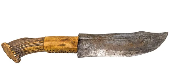 Παλιό Ινδικό Μαχαίρι Λαβή Ελαφοκέρατα Και Περιτύλιγμα Ραμφοειδούς Που Απομονώνεται — Φωτογραφία Αρχείου