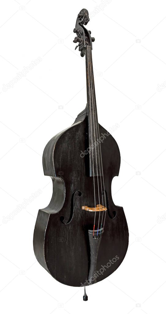 Old standing black double bass isolated on white