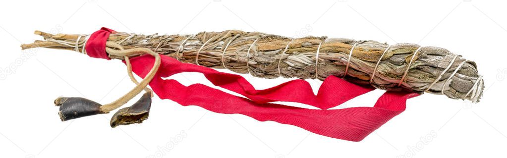tied bundle of white sage for smudging in the esoteric Indian area isolated on white isolated on white