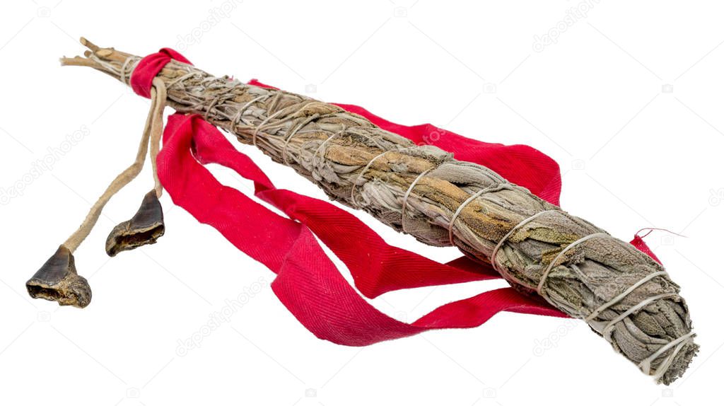 tied bundle of white sage for smudging in the esoteric Indian area isolated on white isolated on white