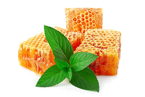 Honeycomb Slice Mint Leaf Isolated White Background — Stock Photo, Image