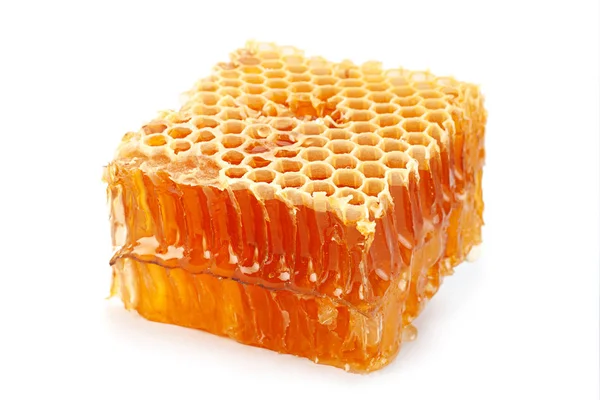 Yellow Honeycomb Slice Closeup Isolated White Background — Stock Photo, Image