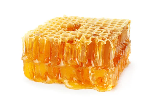 Geel Honingraat Slice Close Geïsoleerd Witte Achtergrond — Stockfoto