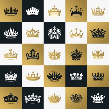 Vektör yaratıcı Kral ve Kraliçe taçları sembolleri veya logosu öğeler topluluğu. Geometrik vintage taç kümesi