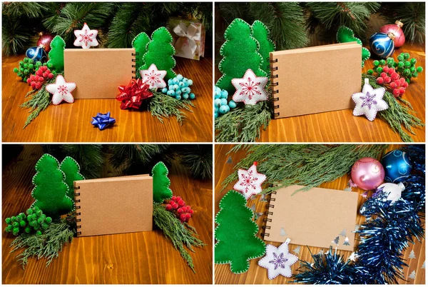 テキスト クリスマス ツリー ブランチ クリスマスのおもちゃ 雪片および装飾のメモ帳から成るクリスマス組成のセット — ストック写真