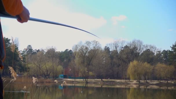 Fishing Spring Pond Slow Motion 240Fps — Stock Video