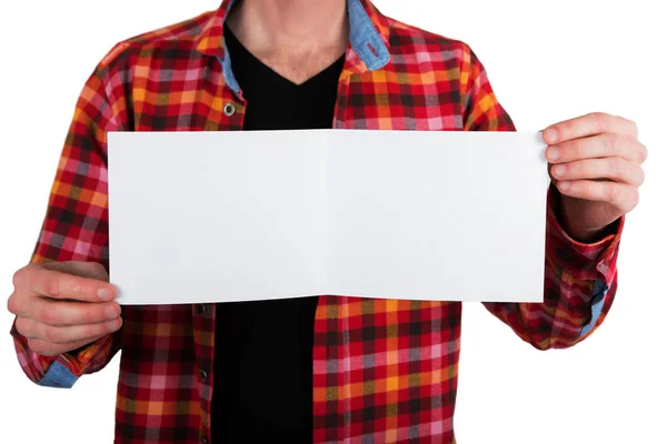A man holding white booklet — Stock Photo, Image