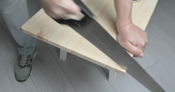 Hombre Aserrando Madera Tablero Con Sierra Manual — Vídeo de stock