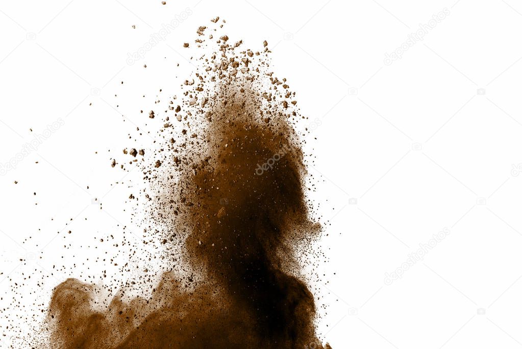 Explosive powder brown on white background. Dry soil explosion on white background