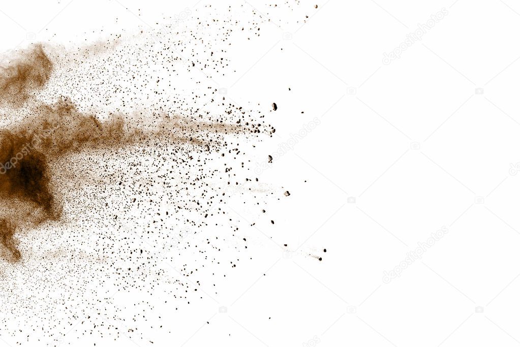 Explosive powder brown on white background. Dry soil explosion on white background