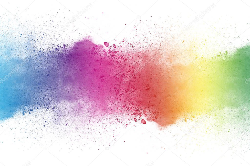 Movement abstract frozen dust explosion multicolored on white background.