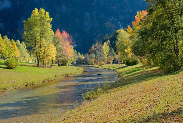 Ljusa Höstigt Landskap Ammer Floden Oberbayern Nära Oberammergau — Stockfoto