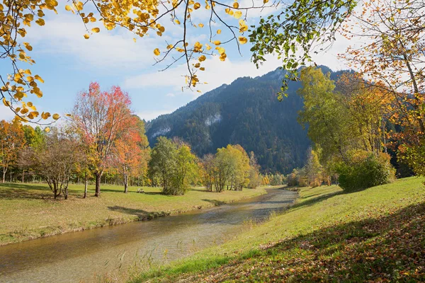 Malerische Herbstlandschaft Fluss Mit Bunten Bäumen Oberammergau Oberbayern Blick Durch — Stockfoto