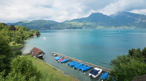 Plage Baignade Idyllique Spiez Lac Thun Avec Des Bateaux Amarrés — Photo