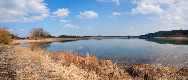湖ウィーン上部のババリア 早い春の鳥保護区 ふわふわ雲と青空 — ストック写真