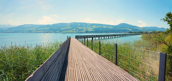 Pedestrian footbridge across zurichsee, st gallen switzerland — Stock Photo, Image