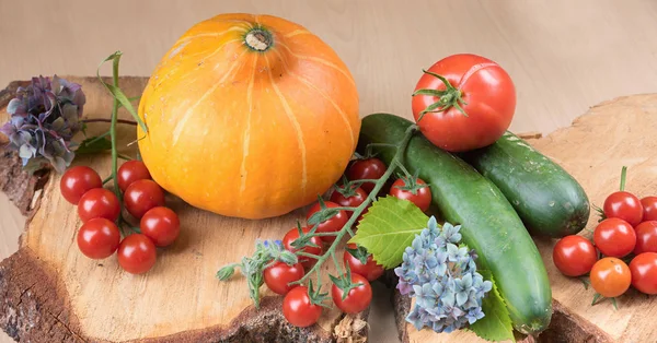 Autumnal Decoration Pumpkin Tomatoes Cucumber Wooden Board — Stock Photo, Image