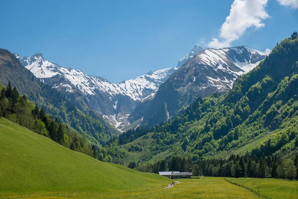 Idyllische Trettach Vallei Het Voorjaar Alpendorp Spielmannsau Buurt Van Toeristische — Stockfoto