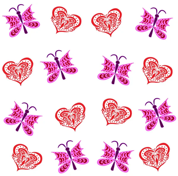 Corazones Rojos Patrón Mariposa Rosa Para Tarjetas Decoración Textil — Vector de stock