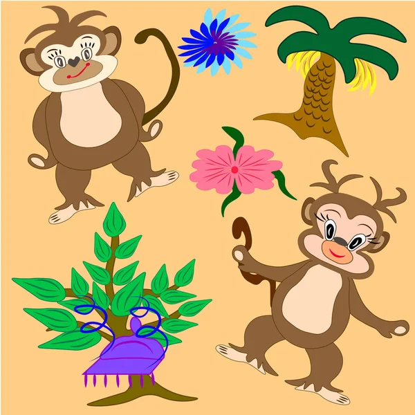 Lustige Comic Affen Und Dschungel Elemente — Stockvektor