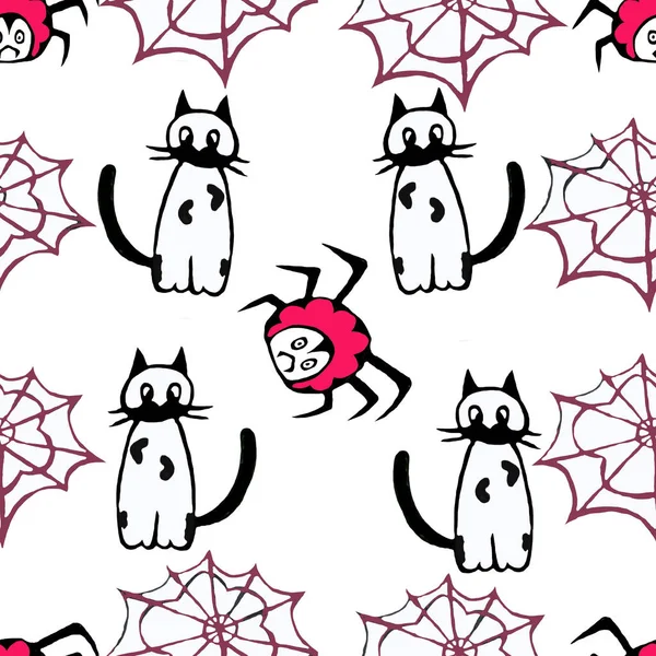 Halloween Naadloos Print Patroon Met Katten Spinnen — Stockfoto