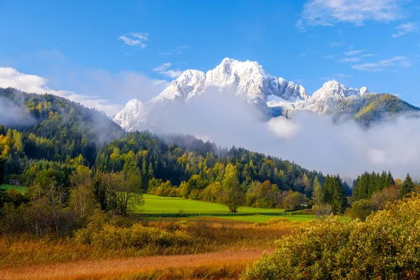 Красиві Осінні Кольори Zelenci Озеро Фоні Гори Martuljek Поблизу Краньска — стокове фото