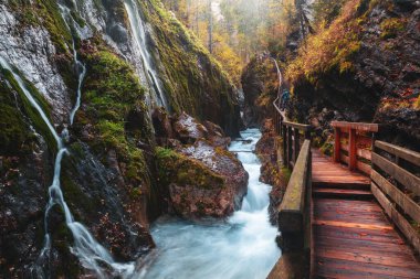 Güzel Wimbachklamm geçidi sonbahar renklerinde ahşap patika, Almanya 'da Ramsau bei Berchtesgaden