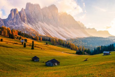 Odle Dağları 'nın eteklerindeki güzel sonbahar renkleri Dolomitler' de gün batımında Seceda Dağları 'nın arka planında Trentino Alto Adige, Val di Funes Valley, İtalya' da Güney Tyrol
